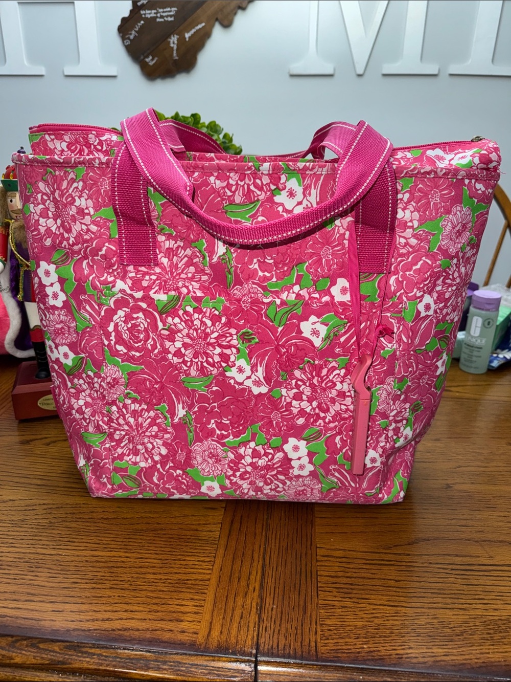 Lilly Pulitzer Pink Floral Tote with Green Accents with bottle opener